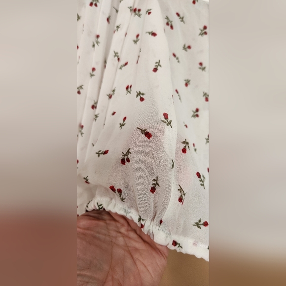 Women’s Forever21 Mesh White With Red Roses Cropped Blouse Buttons In Front Sz L - Picture 4 of 7